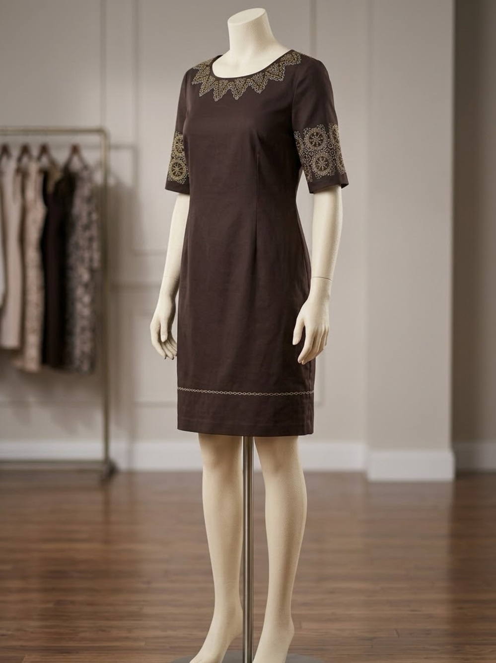 Dana Buchman Brown Shift Dress with Gold Embroidery